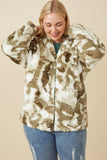 HY7690 Green Womens Camo Print Plush Hooded Jacket Front