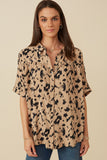 HY7712 Taupe Womens Button Up Animal Print Dolman Shirt Front