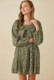 HY7713 Olive Womens Ditsy Floral Tie Front Smocked Back Dress Side