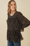 HY7716 Black Womens Ditsy Floral Cinch Sleeve Tiered Top Full Body