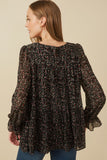 HY7716 Black Womens Ditsy Floral Cinch Sleeve Tiered Top Side