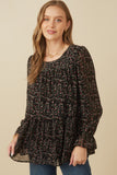 HY7716 Black Womens Ditsy Floral Cinch Sleeve Tiered Top Front