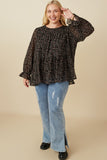 HY7716 Black Womens Ditsy Floral Cinch Sleeve Tiered Top Front 2