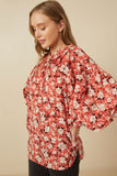 HY7717 Rust Womens Ditsy Floral Ruffle Detail Smocked Cuff Top Detail