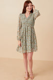 HY7718 Sage Womens Floral Print Smocked Panel V Neck Mini Dress Gif