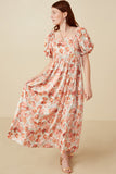 HY7728W Taupe Plus Faded Floral Square Neck Puff Sleeve Satin Dress Pose