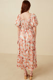 HY7728 Taupe Womens Faded Floral Square Neck Puff Sleeve Satin Dress Detail