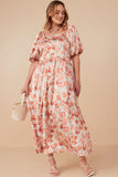 HY7728W Taupe Plus Faded Floral Square Neck Puff Sleeve Satin Dress Gif