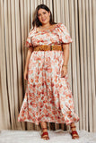 Faded Floral Square Neck Puff Sleeve Satin Dress