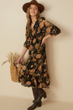 Romantic Floral Panel Smocked V Neck Dress