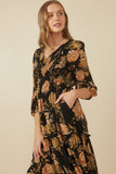 HY7729 Black Womens Romantic Floral Panel Smocked V Neck Dress Gif