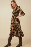 HY7729 Black Womens Romantic Floral Panel Smocked V Neck Dress Side