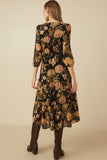 HY7729 Black Womens Romantic Floral Panel Smocked V Neck Dress Side 2