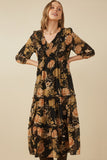 HY7729 Black Womens Romantic Floral Panel Smocked V Neck Dress Back