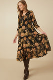 HY7729 Black Womens Romantic Floral Panel Smocked V Neck Dress Front