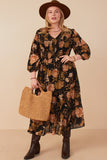 HY7729W Black Plus Romantic Floral Panel Smocked V Neck Dress Gif