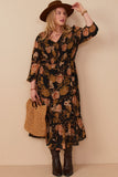 HY7729W Black Plus Romantic Floral Panel Smocked V Neck Dress Side