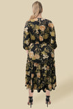 HY7729W Black Plus Romantic Floral Panel Smocked V Neck Dress Pose 2