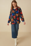 HY7735 Black Womens Retro Floral Satin Button Down Oversized Shirt Gif