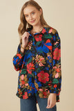 HY7735W Black Plus Retro Floral Satin Button Down Oversized Shirt Gif