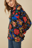 HY7735W Black Plus Retro Floral Satin Button Down Oversized Shirt Full Body