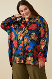 HY7735 Black Womens Retro Floral Satin Button Down Oversized Shirt Front