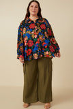 HY7735 Camel Womens Retro Floral Satin Button Down Oversized Shirt Front