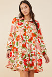 HY7737 Ivory Womens Retro Floral Button Down Tiered Tunic Dress Front