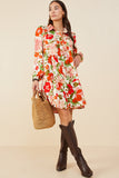 HY7737 Ivory Womens Retro Floral Button Down Tiered Tunic Dress Gif