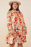 HY7737W Ivory Plus Retro Floral Button Down Tiered Tunic Dress Full Body