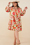 HY7737W Ivory Plus Retro Floral Button Down Tiered Tunic Dress Gif