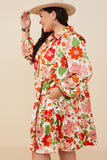 HY7737W Ivory Plus Retro Floral Button Down Tiered Tunic Dress Front