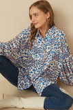 HY7740 Blue Womens Bright Leopard Print Button Up Shirt Pose