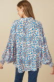 HY7740 Blue Womens Bright Leopard Print Button Up Shirt Detail