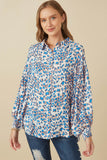 HY7740 Blue Womens Bright Leopard Print Button Up Shirt Pose 2