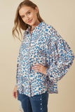 HY7740 Blue Womens Bright Leopard Print Button Up Shirt Front