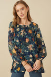 HY7746 Navy Womens Mixed Floral Tie Detail Top Front