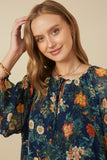 HY7746 Navy Womens Mixed Floral Tie Detail Top Full Body
