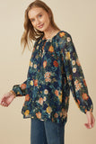 HY7746 Navy Womens Mixed Floral Tie Detail Top Front 2