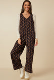 HY7755W Navy Plus Ditsy Floral V Neck Sleeveless Corduroy Jumpsuit Full Body