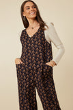 HY7755 Navy Womens Ditsy Floral V Neck Sleeveless Corduroy Jumpsuit Gif