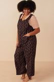 HY7755W Navy Plus Ditsy Floral V Neck Sleeveless Corduroy Jumpsuit Front