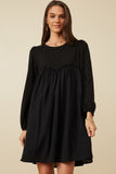 HY7758 Black Womens Mix Media Ruffled Sweet Heart Line Dress Front