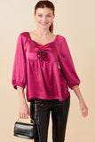 HY7760 Magenta Womens Satin Rose Corsage Detail Tiered Top Front