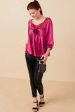 HY7760 Magenta Womens Satin Rose Corsage Detail Tiered Top Gif