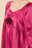 HY7760 Magenta Womens Satin Rose Corsage Detail Tiered Top Full Body
