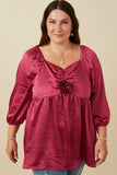 HY7760W Magenta Plus Satin Rose Corsage Detail Tiered Top Front
