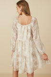 HY7761 Cream Womens Floral Print Sweetheart Neck Organza Dress Detail