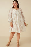 HY7761W Cream Plus Floral Print Sweetheart Neck Organza Dress Gif