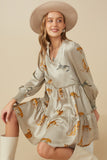 HY7767 Grey Womens Leopard Printed Smocked Cuff V Neck Satin Dress Pose